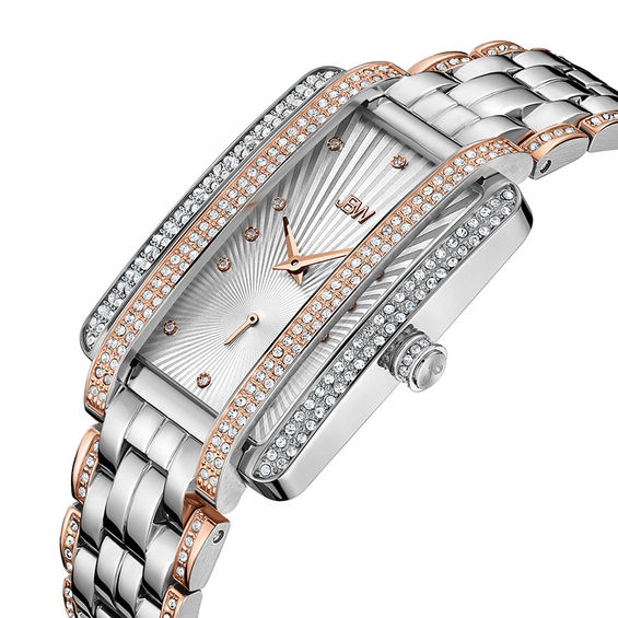 Ladies' JBW Mink 1/8 CT. T.w. Diamond and Crystal 18K Rose GP Two-Tone Watch with Rectangular Dial (Model: J6358D)