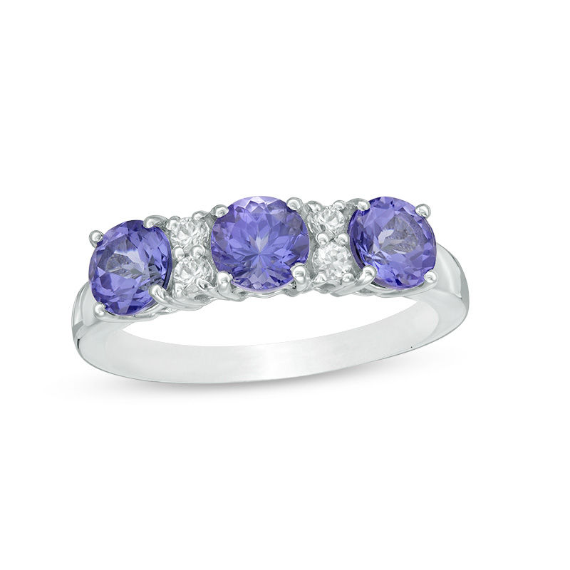 5.0mm Tanzanite and Lab-Created White Sapphire Three Stone Ring in Sterling Silver