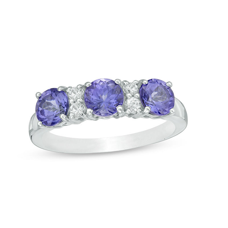 Main Image 1 of 5.0mm Tanzanite and Lab-Created White Sapphire Three Stone Ring in Sterling Silver