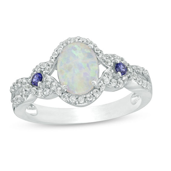 Oval Lab-Created Opal, Blue and White Sapphire Open Frame Twist Shank Ring in Sterling Silver