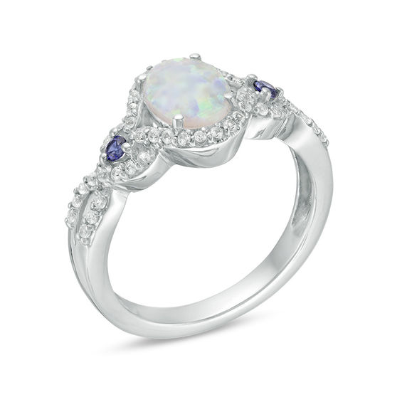 Lab-Created Opal, Blue and White Lab-Created Sapphire Open Frame Ring in Sterling Silver