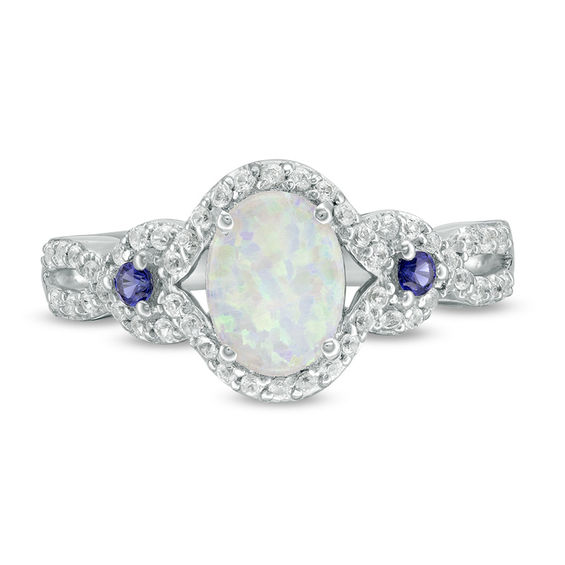 Lab-Created Opal, Blue and White Lab-Created Sapphire Open Frame Ring in Sterling Silver