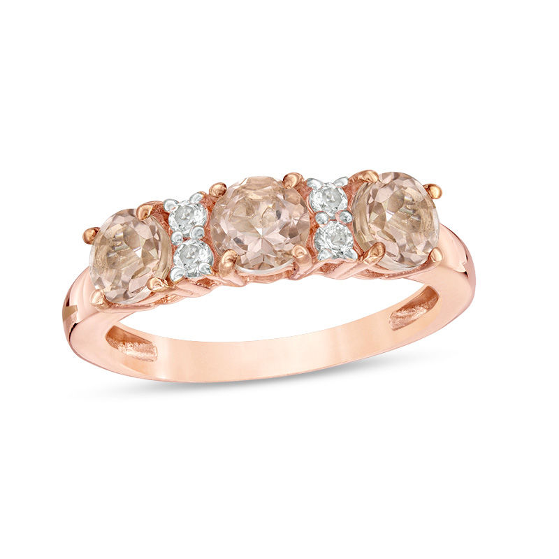 Main Image 1 of 5.0mm Morganite and Lab-Created White Sapphire Three Stone Ring in 10K Rose Gold