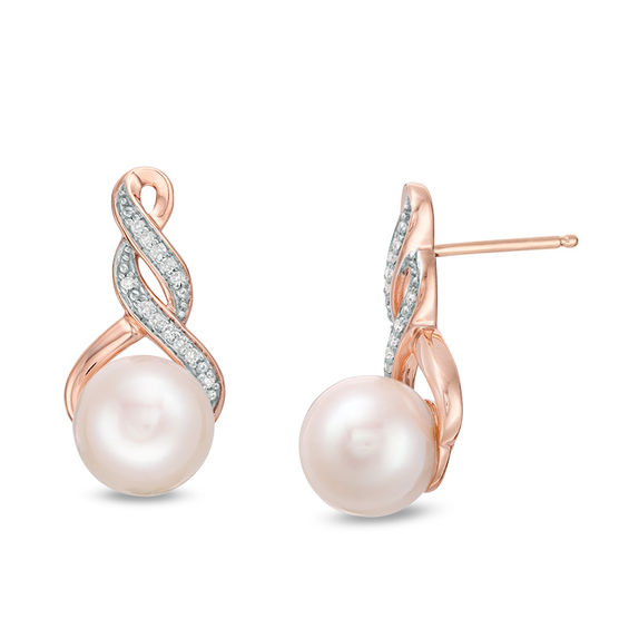 8.0 - 8.5mm Cultured Freshwater Pearl and 1/15 CT. T.W. Diamond Infinity Twist Drop Earrings in 10K Rose Gold 8.0 - 8.5mm Cultured Freshwater Pearl and 1/15 CT. T.W. Diamond Infinity Twist Drop Earrings in 10K Rose Gold