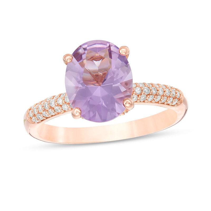 Oval Pink Quartz and 1/4 CT. T.W. Diamond Ring in 10K Rose Gold - Size 7