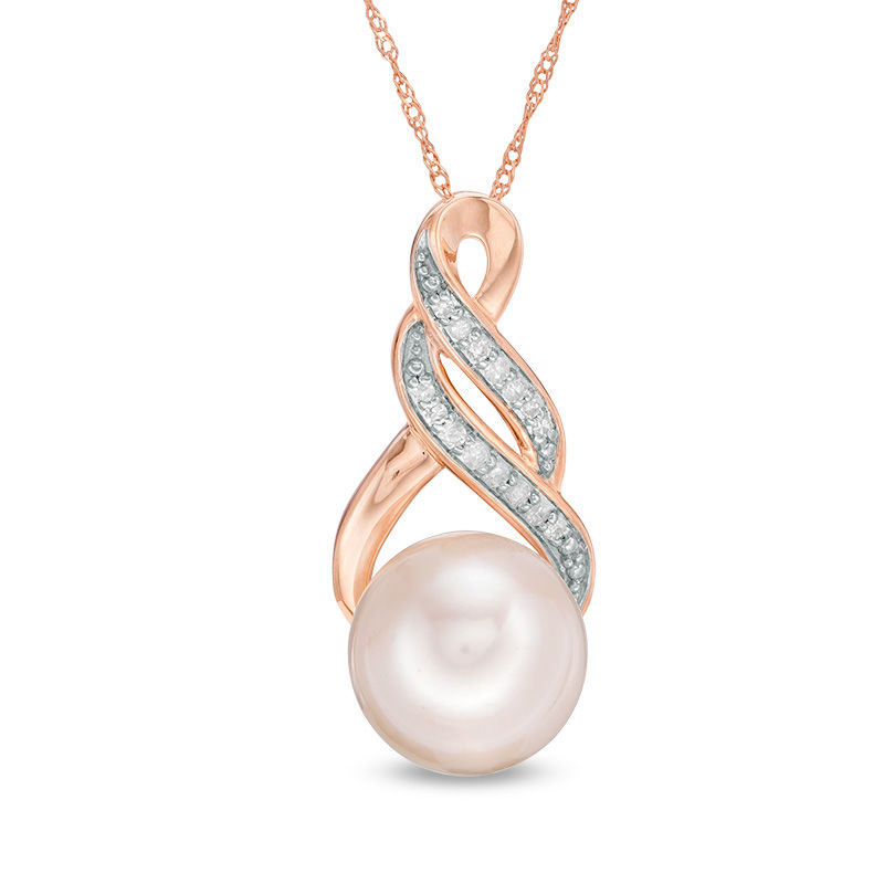 9.0 - 9.5mm Cultured Freshwater Pearl and 1/20 CT. T.W. Diamond Infinity Twist Pendant in 10K Rose Gold