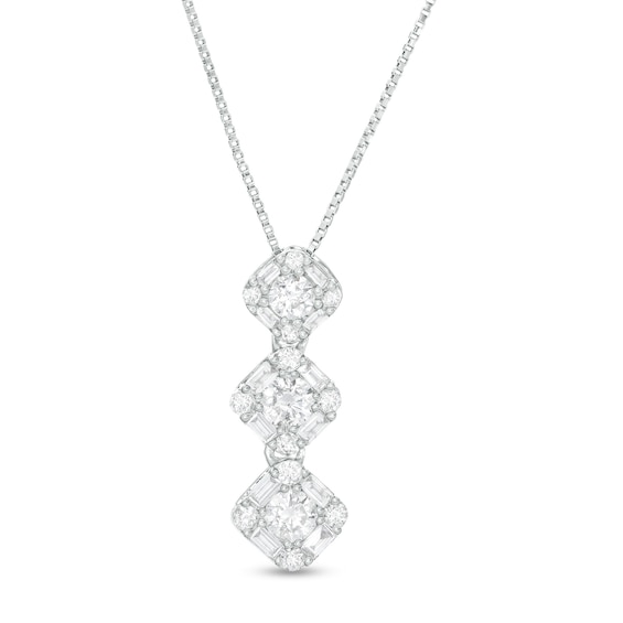 1/2 CT. T.w. Baguette and Round Diamond Frame Graduated Three Stone Pendant in 10K White Gold
