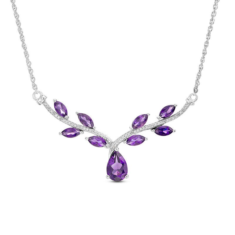 Amethyst and 1/10 CT. T.W. Diamond Chevron Vine Necklace in Sterling Silver