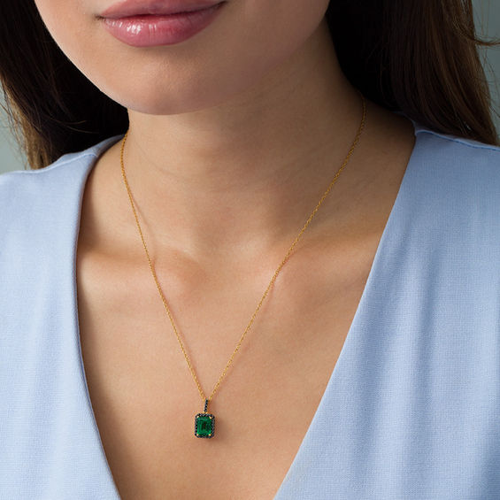 Emerald-Cut Lab-Created Emerald and 1/8 CT. T.W. Enhanced Black Diamond Frame Pendant in 10K Gold Emerald-Cut Lab-Created Emerald and 1/8 CT. T.W. Enhanced Black Diamond Frame Pendant in 10K Gold