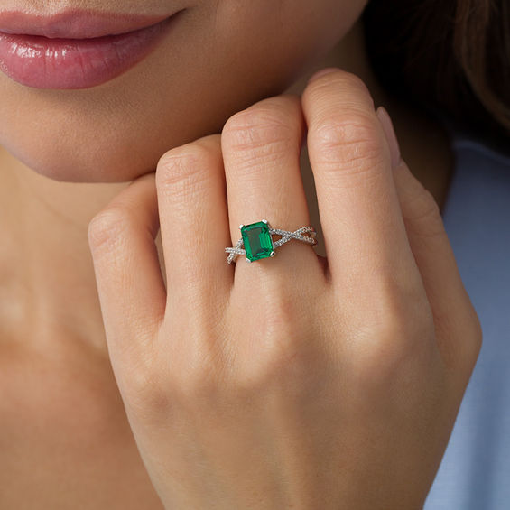 Emerald-Cut Lab-Created Emerald and 1/10 CT. T.w. Diamond Criss-Cross Split Shank Ring in 10K White Gold