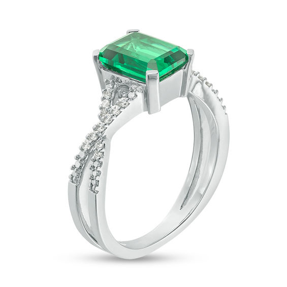 Emerald-Cut Lab-Created Emerald and 1/10 CT. T.w. Diamond Criss-Cross Split Shank Ring in 10K White Gold