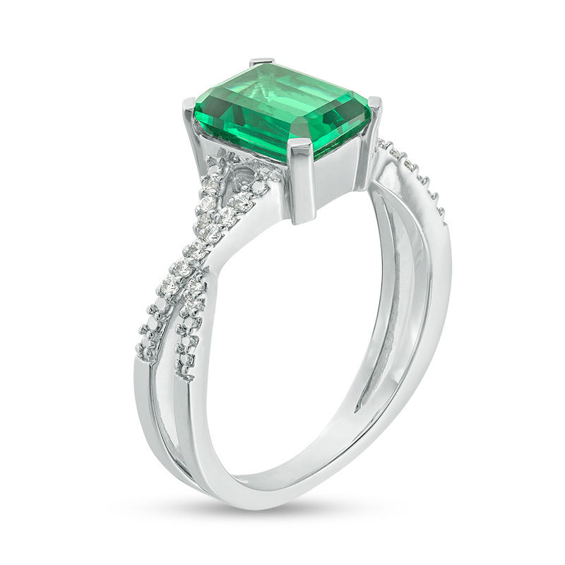 Emerald-Cut Lab-Created Emerald and 1/10 CT. T.W. Diamond Criss-Cross Split Shank Ring in 10K White Gold