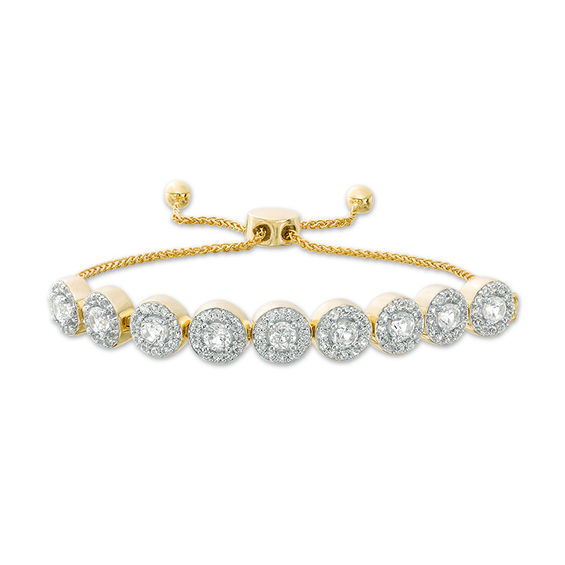 Lab-Created White Sapphire Frame Nine Stone Bolo Bracelet in Sterling Silver with 14K Gold Plate - 9.5" Lab-Created White Sapphire Frame Nine Stone Bolo Bracelet in Sterling Silver with 14K Gold Plate - 9.5"