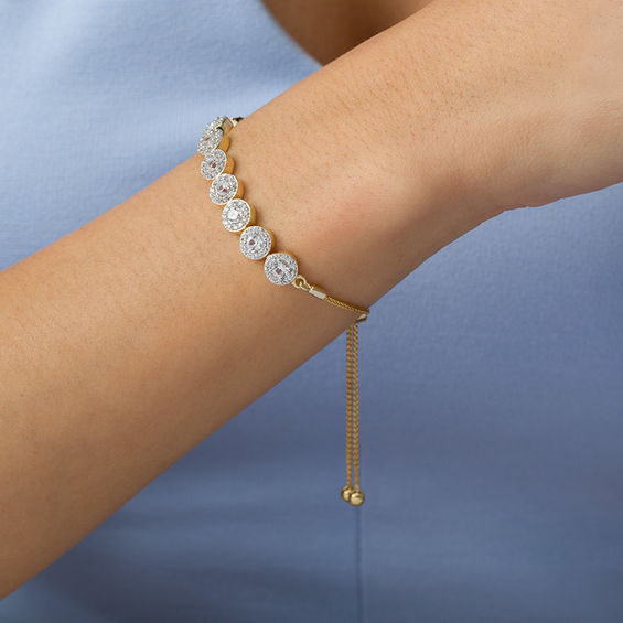 Lab-Created White Sapphire Frame Nine Stone Bolo Bracelet in Sterling Silver with 14K Gold Plate - 9.5" Lab-Created White Sapphire Frame Nine Stone Bolo Bracelet in Sterling Silver with 14K Gold Plate - 9.5"