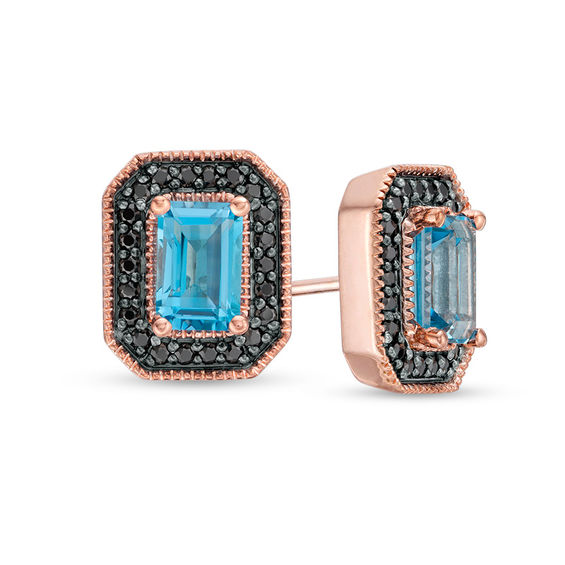 Emerald-Cut Blue Topaz and 1/4 CT. T.W. Enhanced Black Diamond Frame Vintage-Style Stud Earrings in 10K Rose Gold Emerald-Cut Blue Topaz and 1/4 CT. T.W. Enhanced Black Diamond Frame Vintage-Style Stud Earrings in 10K Rose Gold
