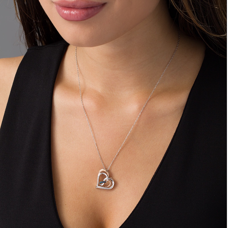 Main Image 2 of 1/15 CT. T.W. Enhanced Blue and White Diamond Infinity and Double Heart Pendant in Sterling Silver and 10K Rose Gold