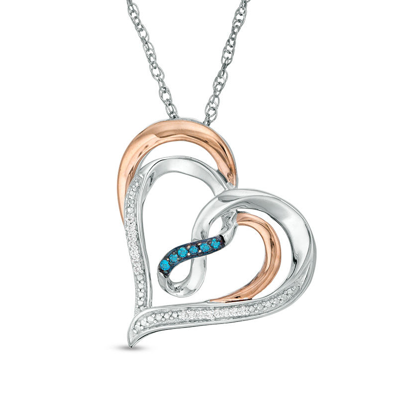 1/15 CT. T.W. Enhanced Blue and White Diamond Infinity and Double Heart Pendant in Sterling Silver and 10K Rose Gold