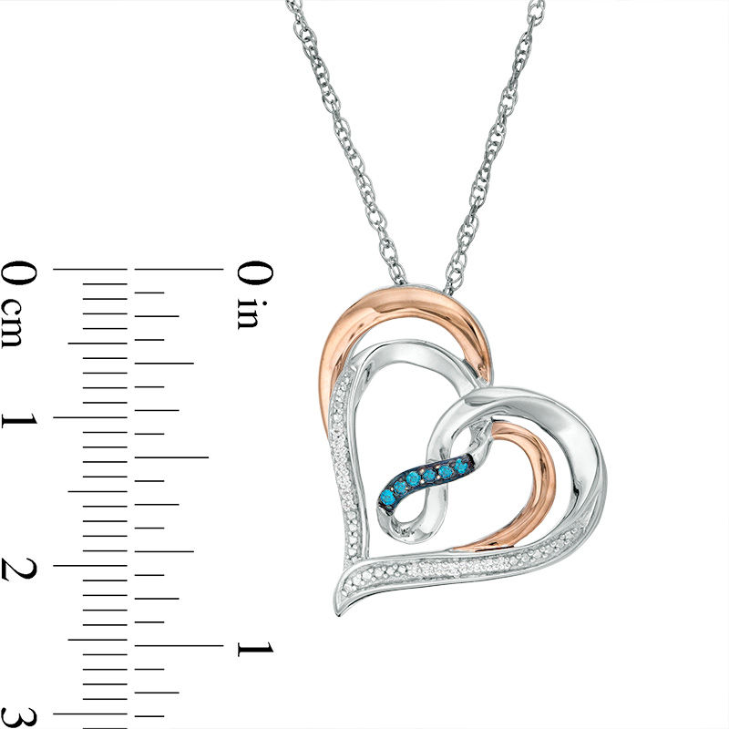 Main Image 3 of 1/15 CT. T.W. Enhanced Blue and White Diamond Infinity and Double Heart Pendant in Sterling Silver and 10K Rose Gold