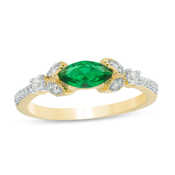 Sideways Marquise Lab-Created Emerald and 1/10 CT. T.w. Diamond Petals Ring in 10K Gold