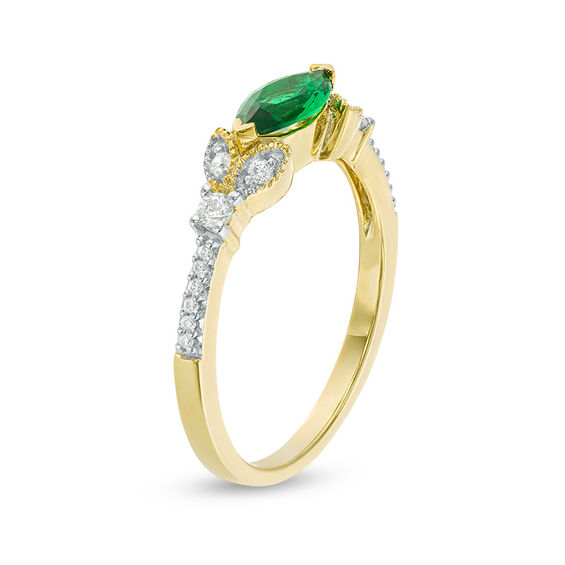 Sideways Marquise Lab-Created Emerald and 1/10 CT. T.w. Diamond Petals Ring in 10K Gold