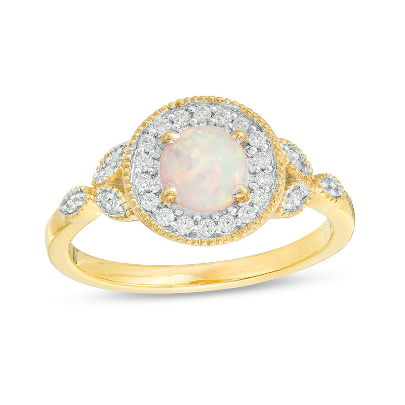 Main Image 1 of 5.5mm Lab-Created Opal and 1/8 CT. T.W. Diamond Frame Vintage-Style Ring in 10K Gold