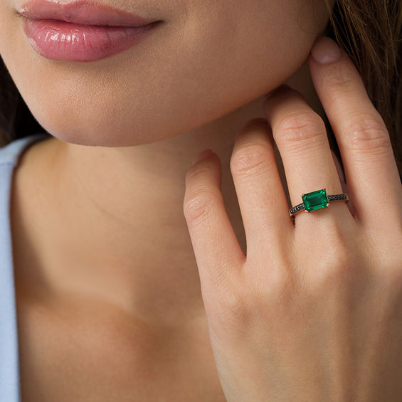 Emerald-Cut Lab-Created Emerald and 1/15 CT. T.w. Black Diamond Ring in 10K Rose Gold
