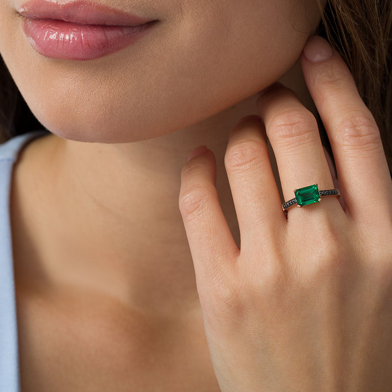 Emerald-Cut Lab-Created Emerald and 1/15 CT. T.W. Black Diamond Ring in 10K Rose Gold