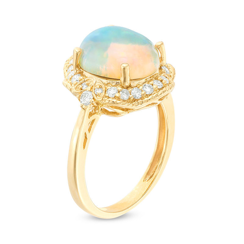 Oval Opal and 1/3 CT. T.W. Diamond Rope Frame with Leaf Accents Ring in 14K Gold