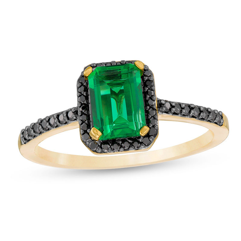 Emerald-Cut Lab-Created Emerald and 1/8 CT. T.W. Black Diamond Frame Ring in 10K Gold