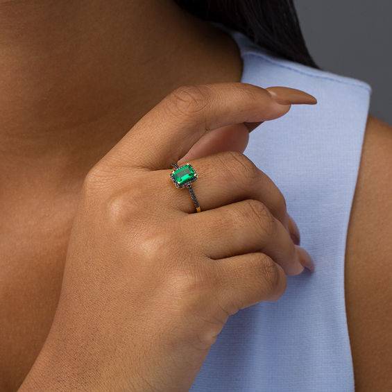 Emerald-Cut Lab-Created Emerald and 1/8 CT. T.w. Black Diamond Frame Ring in 10K Gold