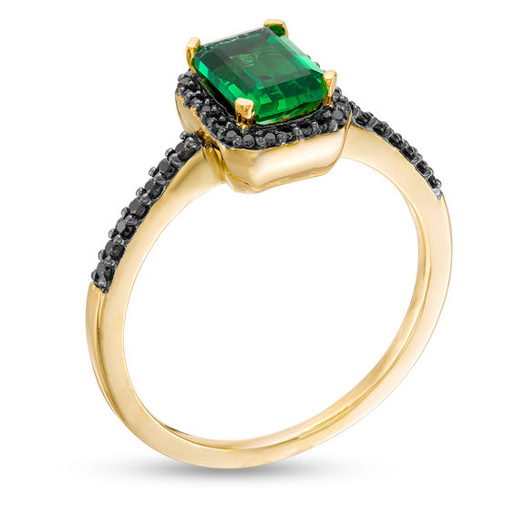 Emerald-Cut Lab-Created Emerald and 1/8 CT. T.w. Black Diamond Frame Ring in 10K Gold