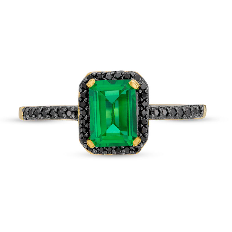 Emerald-Cut Lab-Created Emerald and 1/8 CT. T.W. Black Diamond Frame Ring in 10K Gold