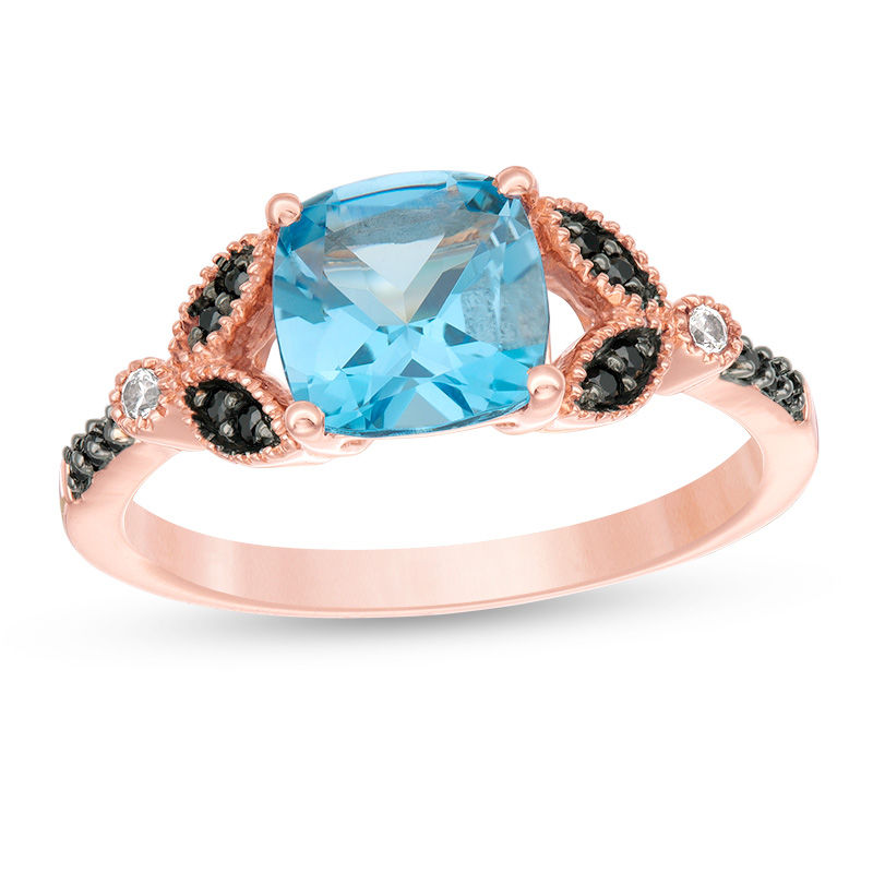 7.0mm Cushion-Cut Blue Topaz and 1/10 CT. T.W. Enhanced Black and White Diamond Vintage-Style Ring in 10K Rose Gold