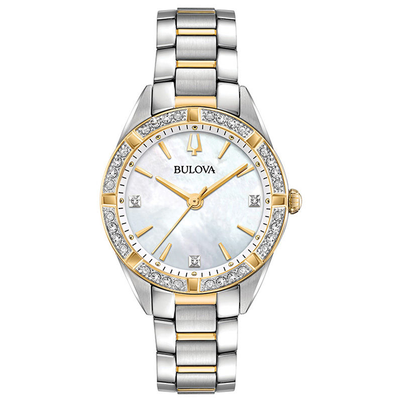 Main Image 1 of Ladies' Bulova Sutton 1/15 CT. T.W. Diamond Two-Tone Watch with Mother-of-Pearl (Model: 98R263)