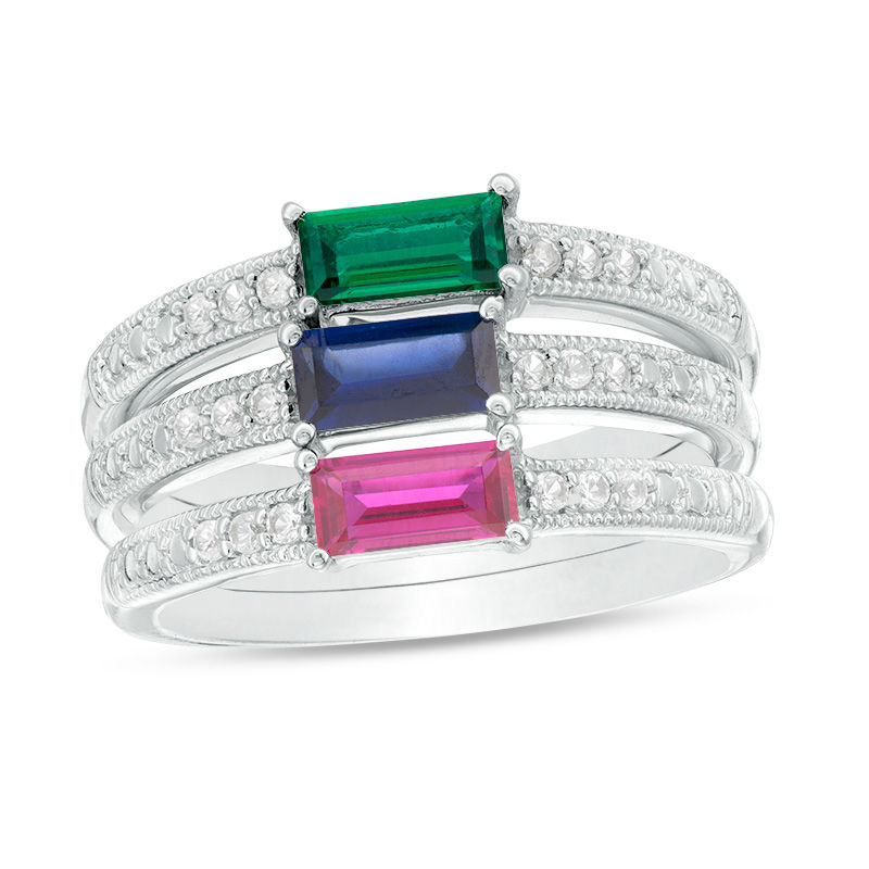 Main Image 1 of Lab-Created Multi-Gemstone and White Sapphire Vintage-Style Stackable Three Ring Set in Sterling Silver