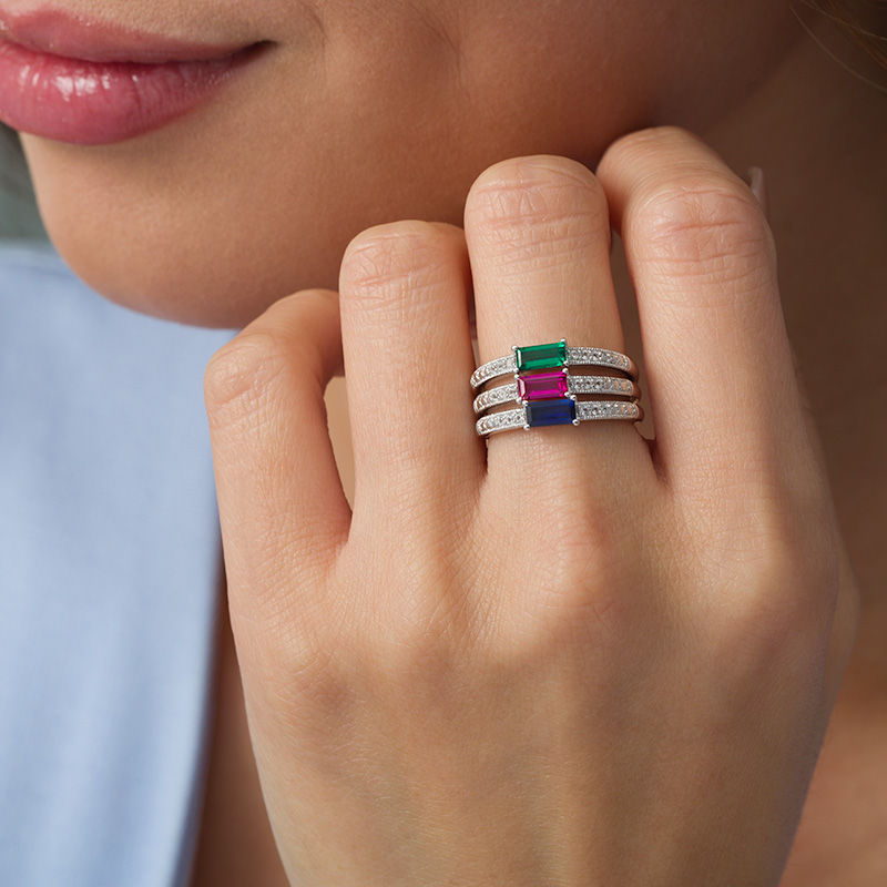 Main Image 2 of Lab-Created Multi-Gemstone and White Sapphire Vintage-Style Stackable Three Ring Set in Sterling Silver
