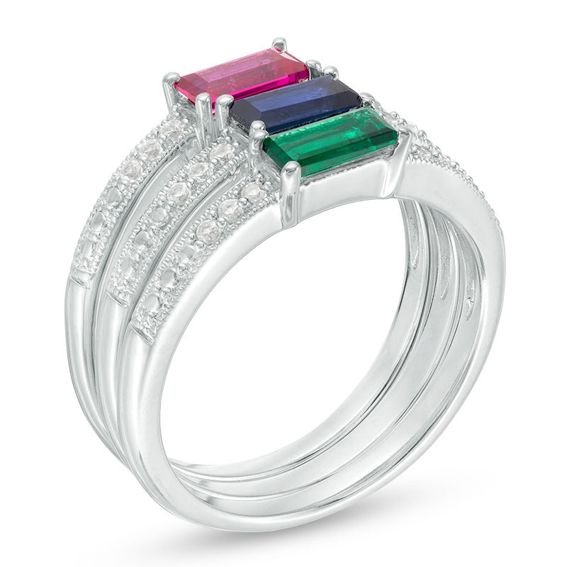 Main Image 3 of Lab-Created Multi-Gemstone and White Sapphire Vintage-Style Stackable Three Ring Set in Sterling Silver