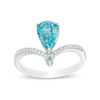 Thumbnail Image 1 of Pear-Shaped and Round Blue Zircon with 1/20 CT. T.W. Diamond Chevron Ring in 14K White Gold