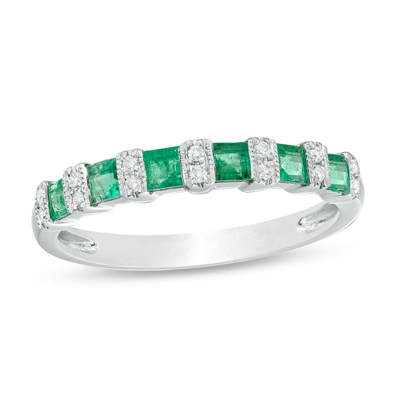 Princess-Cut Emerald and 1/20 CT. T.W. Diamond Alternating Vintage-Style Band in 10K White Gold