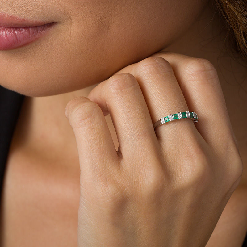Main Image 2 of Princess-Cut Emerald and 1/20 CT. T.W. Diamond Alternating Vintage-Style Band in 10K White Gold