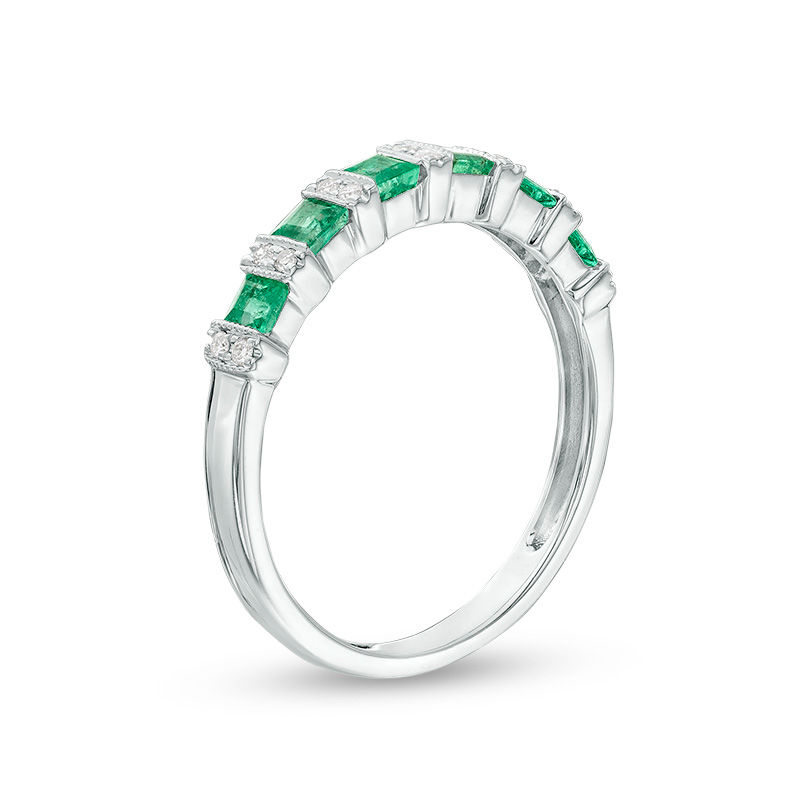 Princess-Cut Emerald and 1/20 CT. T.W. Diamond Alternating Vintage-Style Band in 10K White Gold