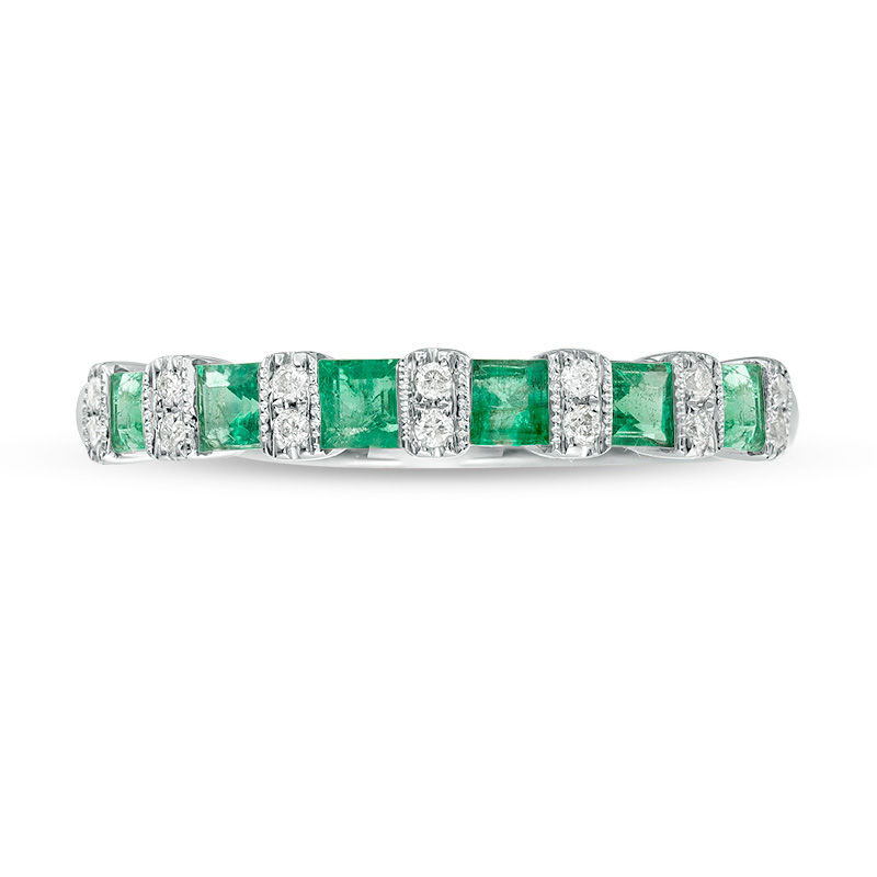 Princess-Cut Emerald and 1/20 CT. T.W. Diamond Alternating Vintage-Style Band in 10K White Gold