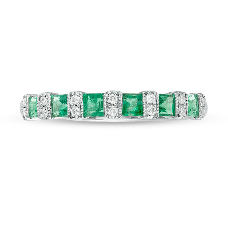 Main Image 4 of Princess-Cut Emerald and 1/20 CT. T.W. Diamond Alternating Vintage-Style Band in 10K White Gold