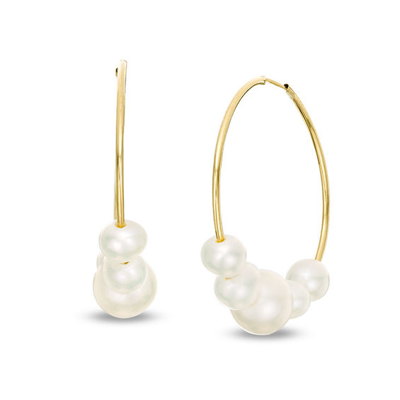 4.0-6.5mm Freshwater Cultured Pearl Five Stone Hoop Earrings in 10K Gold