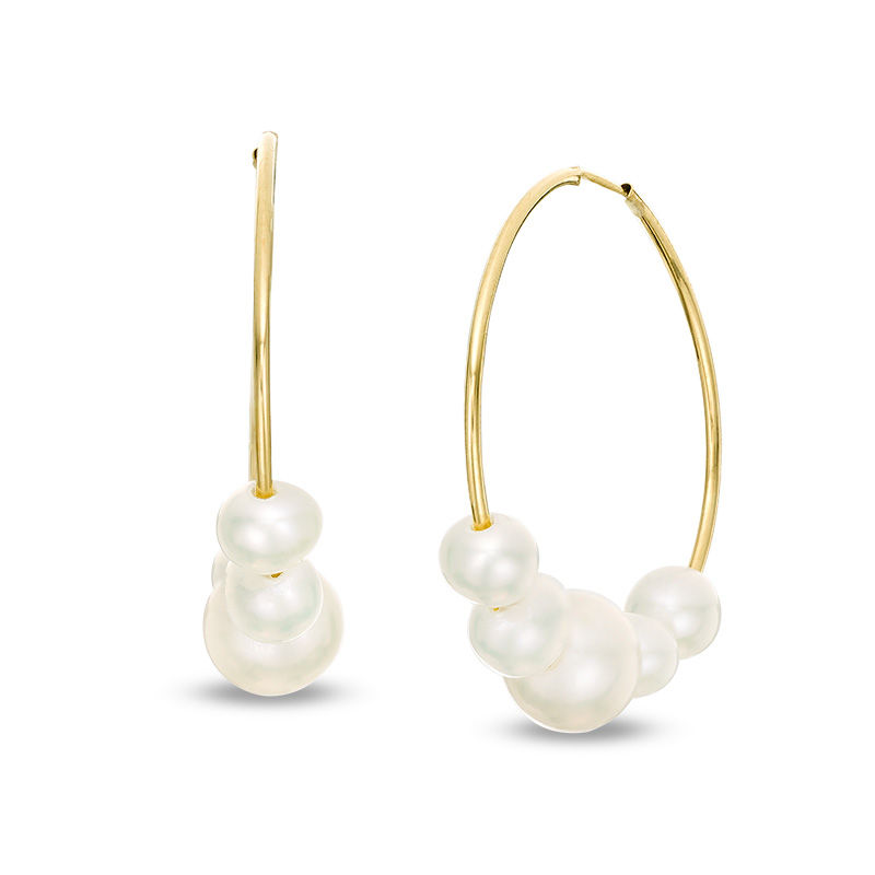Main Image 1 of 4.0-6.5mm Freshwater Cultured Pearl Five Stone Hoop Earrings in 10K Gold