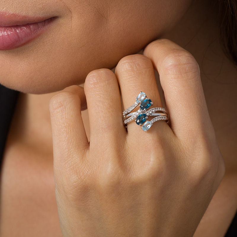 Main Image 2 of Oval London and Sky Blue Topaz and Lab-Created White Sapphire Duo Bypass Ring in Sterling Silver