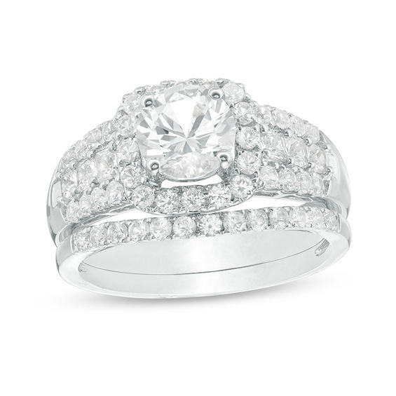 6.5mm Lab-Created White Sapphire Cushion Frame Triple Row Bridal Set in Sterling Silver