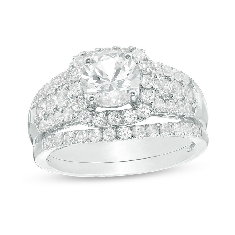 Main Image 1 of 6.5mm Lab-Created White Sapphire Cushion Frame Triple Row Bridal Set in Sterling Silver
