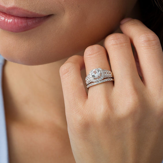 6.5mm Lab-Created White Sapphire Cushion Frame Triple Row Bridal Set in Sterling Silver