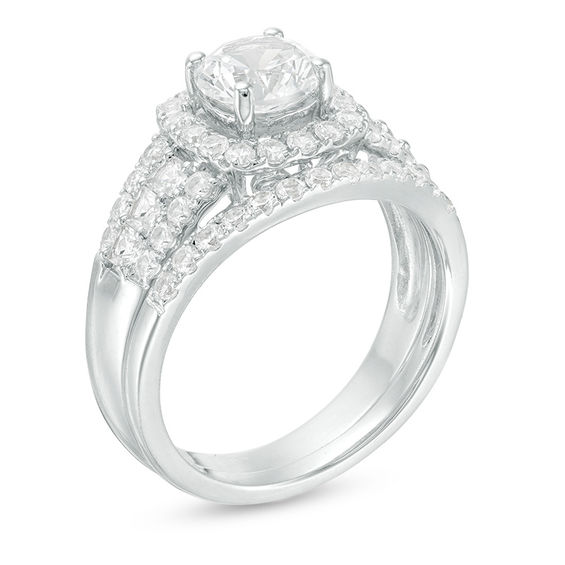 6.5mm Lab-Created White Sapphire Cushion Frame Triple Row Bridal Set in Sterling Silver